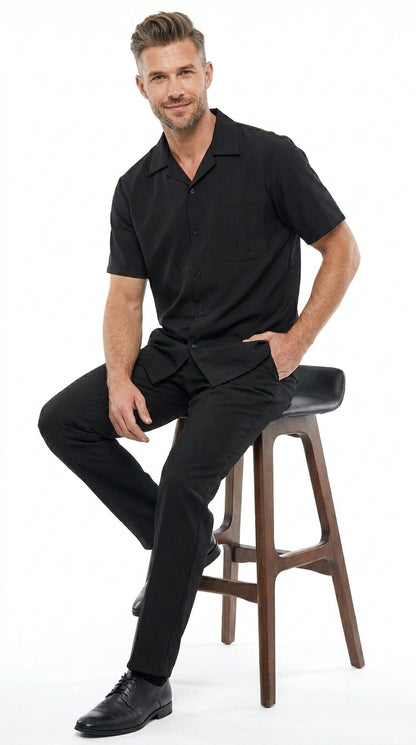 Men’s Black Big and Tall Walking Suit with Short Sleeve Shirt and Matching Pants, Casual Suit up to 6XL
