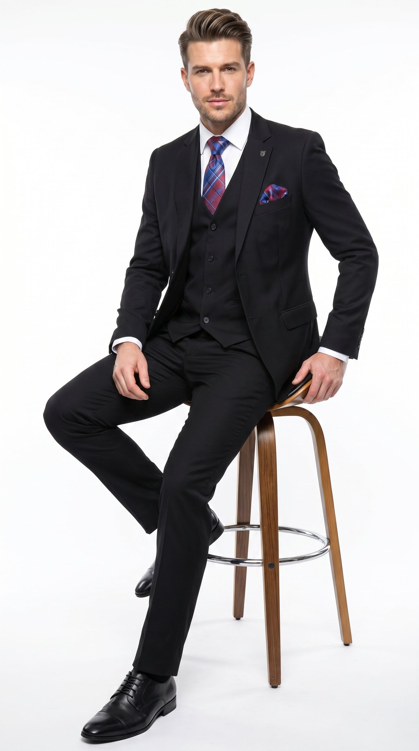 Men’s Black 3 Piece 2 Button Suit, Vested Formal Wedding Business Dress Suit Set
