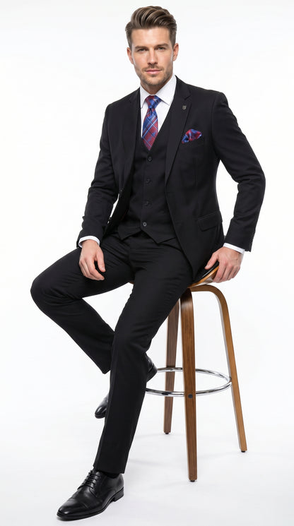 Men’s Black 3 Piece 2 Button Suit, Vested Formal Wedding Business Dress Suit Set