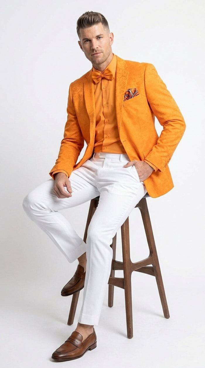 Men’s Mango Orange Blazer White Pants Formal Outfit