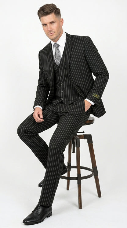 Men’s Jet Liquid Black Suit with White Pinstripes, 2 Button Vested Formal Dress Suit Modern Fit