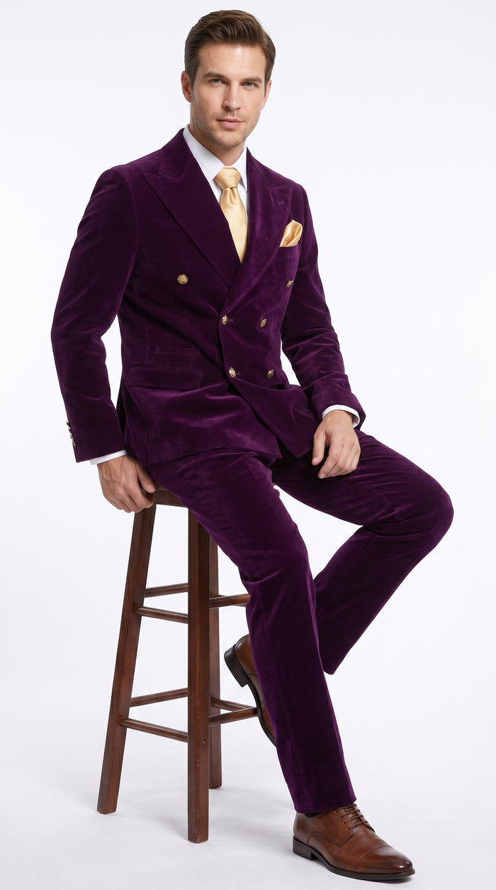 Men’s Rossi Man Zeus Purple Velvet Double Breasted Tuxedo Suit, Formal Wedding Prom Dinner Suit Set