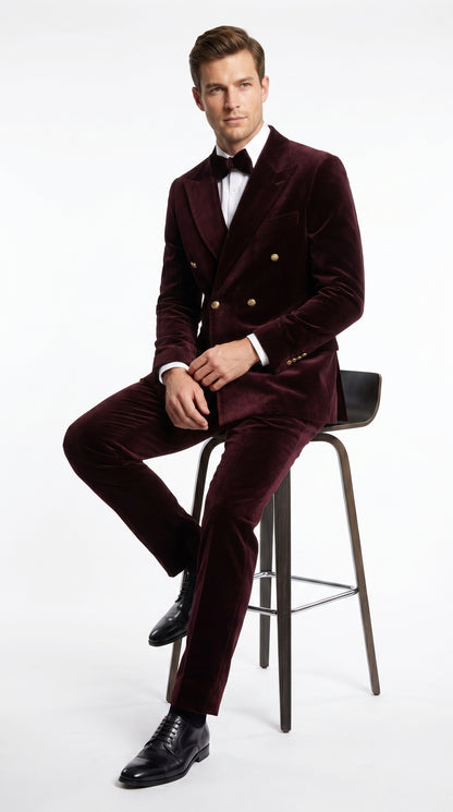 Men’s Rossi Man Zeus Dark Brown Velvet Double Breasted Tuxedo Suit, Formal Wedding Prom Dinner Suit Set