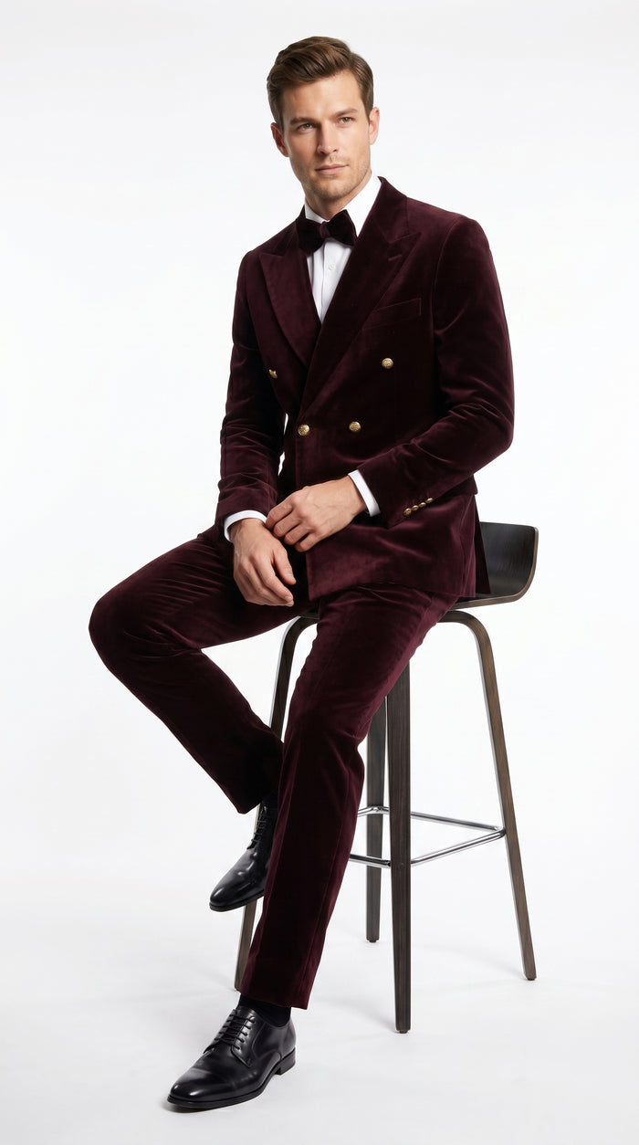 Men’s Rossi Man Zeus Dark Brown Velvet Double Breasted Tuxedo Suit, Formal Wedding Prom Dinner Suit Set
