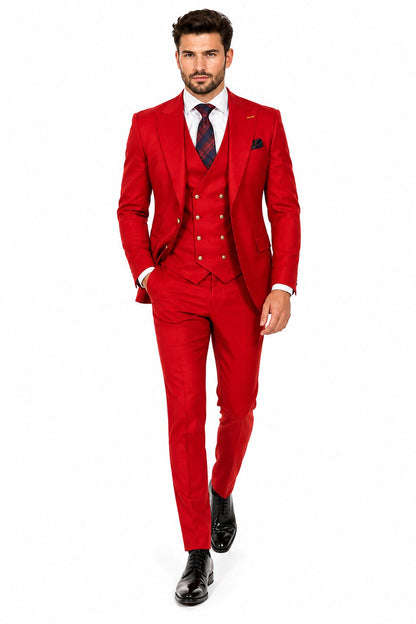 Men's Berry Statement Ticket Pocket Peak Lapel Wool Double Breasted Vest Suit with Gold Buttons – Modern Fit