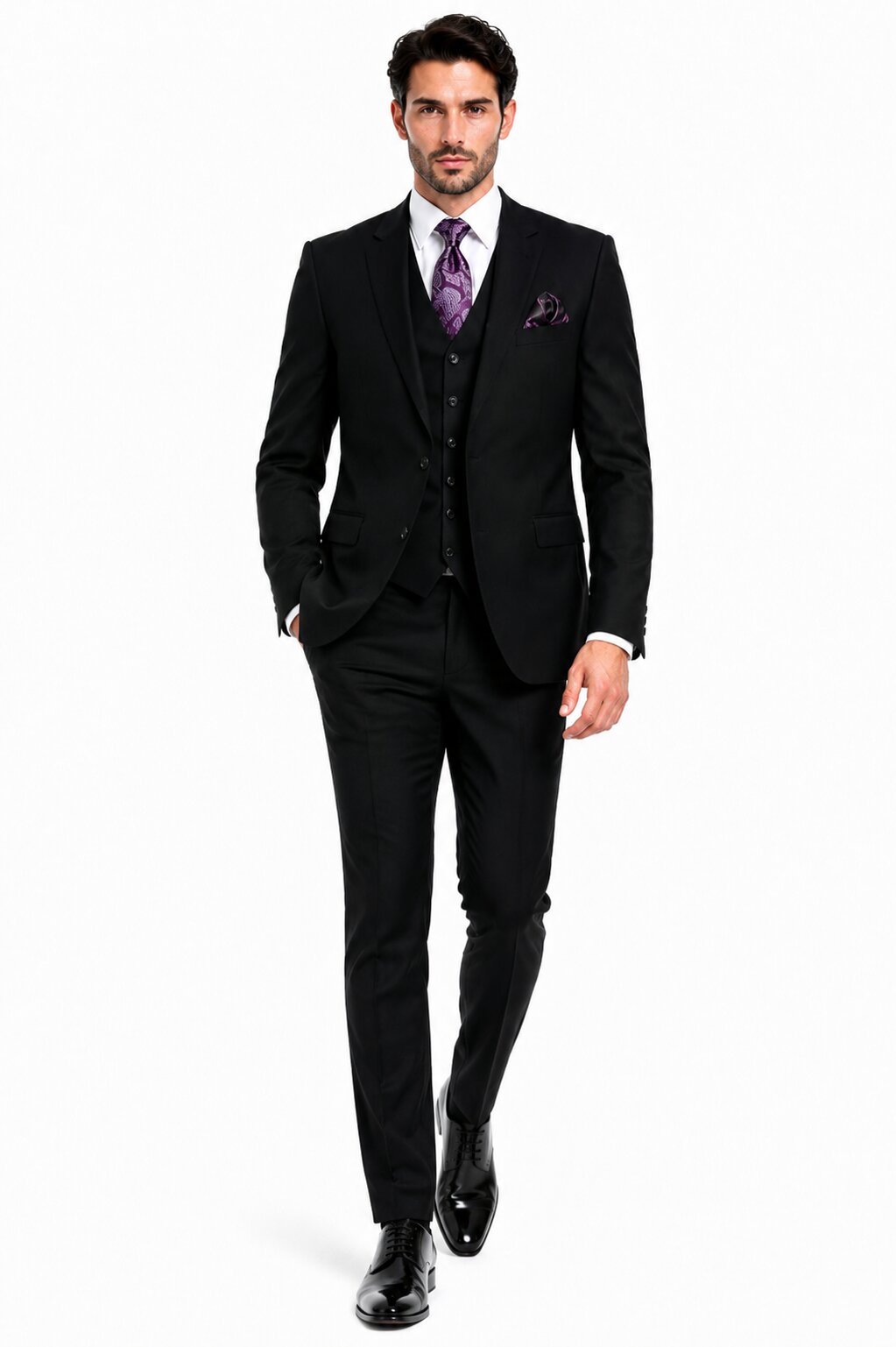 Mens 2 Button  Vested Wool Suit in Eggplant Modern Fit