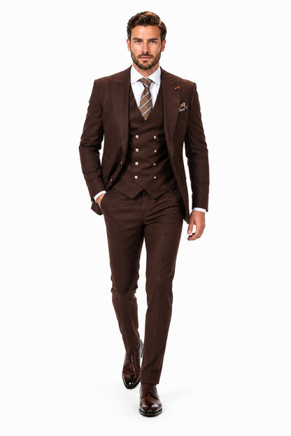 Men's Brown Statement Ticket Pocket Peak Lapel Wool Double Breasted Vest Suit with Silver Buttons – Modern Fit