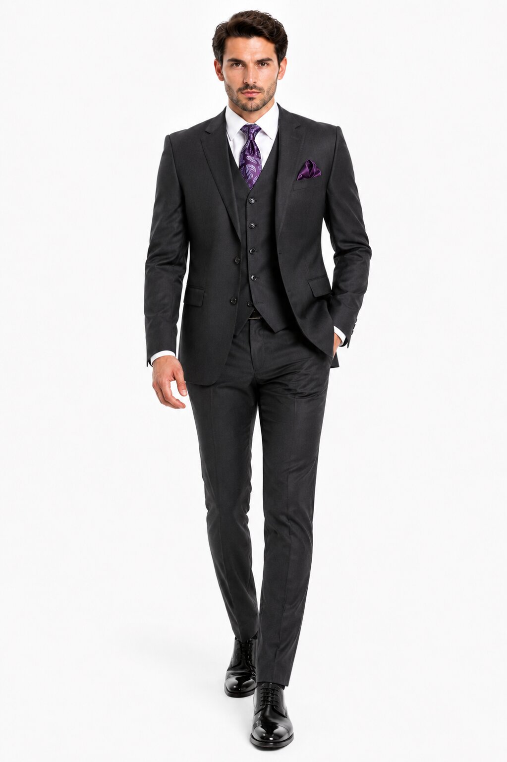 Mens 2 Button  Vested Wool Suit in Eggplant Modern Fit