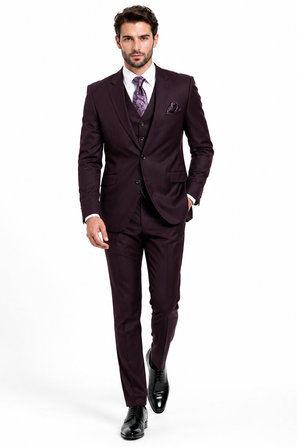 Mens 2 Button  Vested Wool Suit in Eggplant Modern Fit