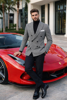 Men’s 100% Wool Houndstooth Blazer – Black and White Modern Fit