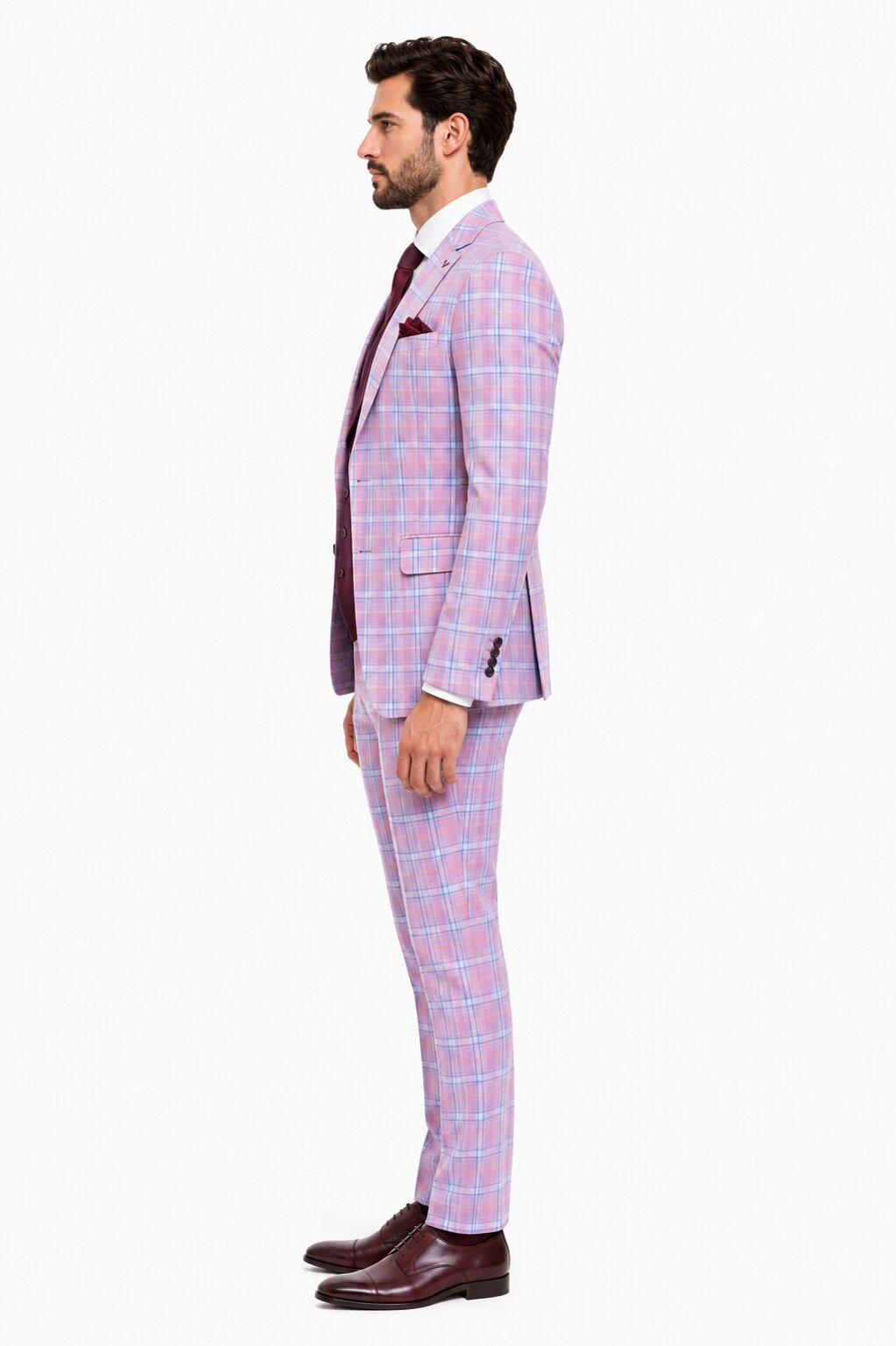 Statement Mens Modern Fit 3 Piece 100% Super 200s Wool Classic Windowpane Suit – Double Breasted Vest