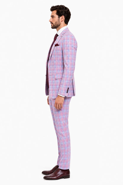 Statement Mens Modern Fit 3 Piece 100% Super 200s Wool Classic Windowpane Suit – Double Breasted Vest