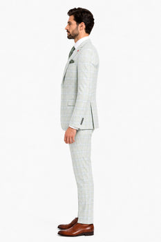 Statement Mens Modern Fit 3 Piece 100% Super 200s Wool Classic Windowpane Suit – Double Breasted Vest