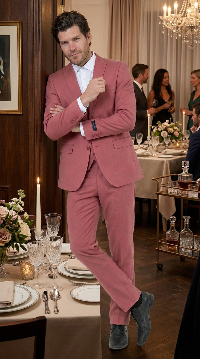 Men’s Dusty Rose Three Piece Suit – Modern Formal 3PC Wedding and Prom Suit - Pink Coloe Modern Fit