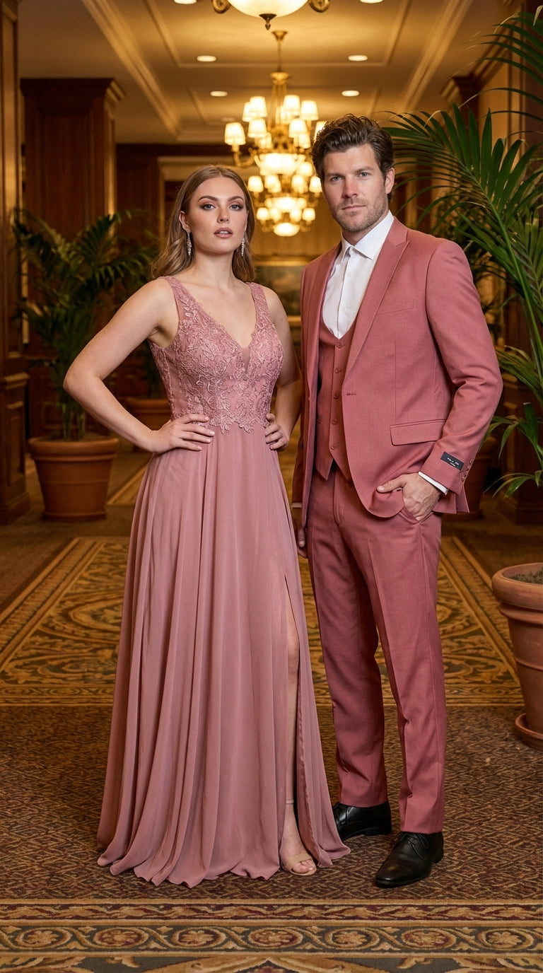Men’s Dusty Rose Three Piece Suit – Modern Formal 3PC Wedding and Prom Suit - Pink Coloe Modern Fit