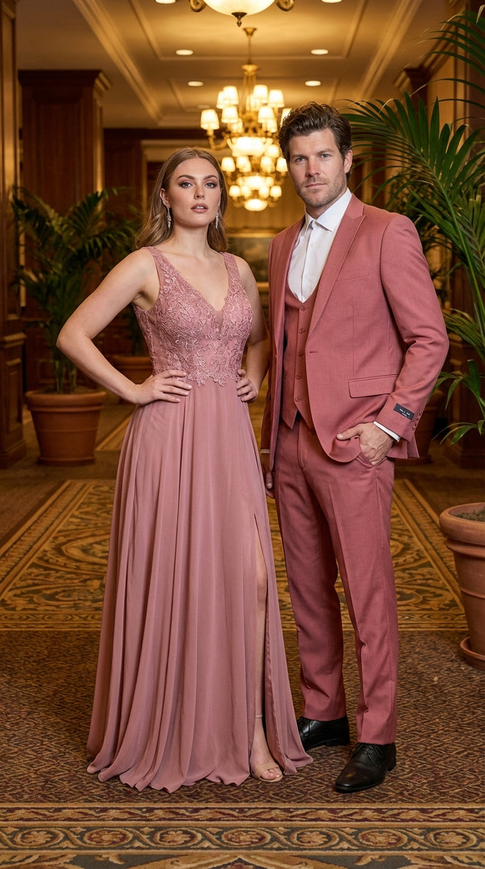 Men’s Dusty Rose Three Piece Suit – Modern Formal 3PC Wedding and Prom Suit - Pink Coloe Modern Fit