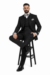 Modern Fit Suit Black Birdseye Pure Wool Suit And Vest For Men