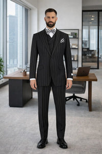 Modern Fit Suit Black Birdseye Pure Wool Suit And Vest For Men