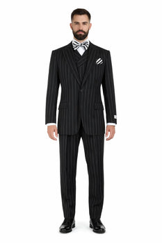Modern Fit Suit Black Birdseye Pure Wool Suit And Vest For Men