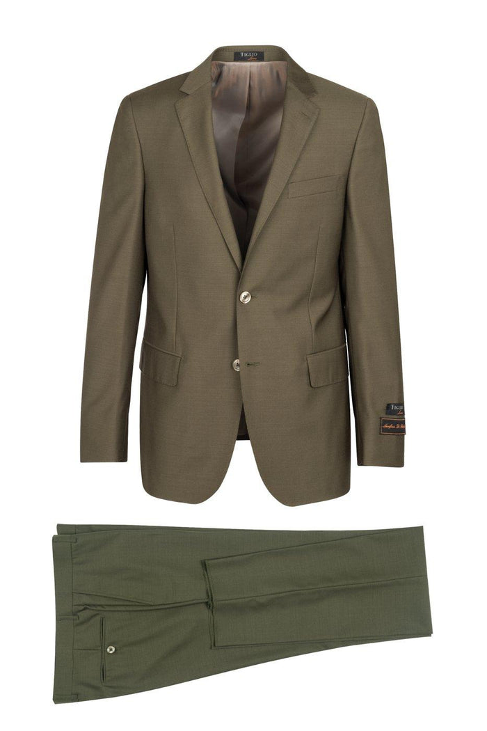 Tiglio Italian Suit - Real Wool Fabric Super 150's Novello Olive, Suit in Color Olive Modern Fit