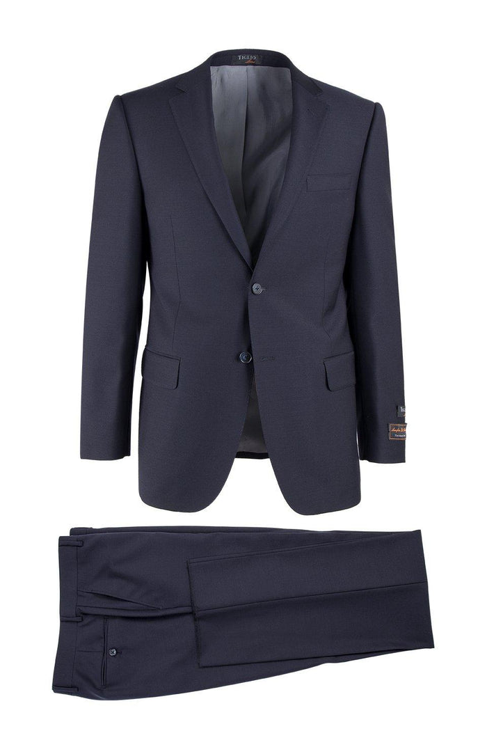 Tiglio Italian Suit - Real Wool Fabric Super 150's Novello Navy, Modern Fit Suit in Color Navy Modern Fit