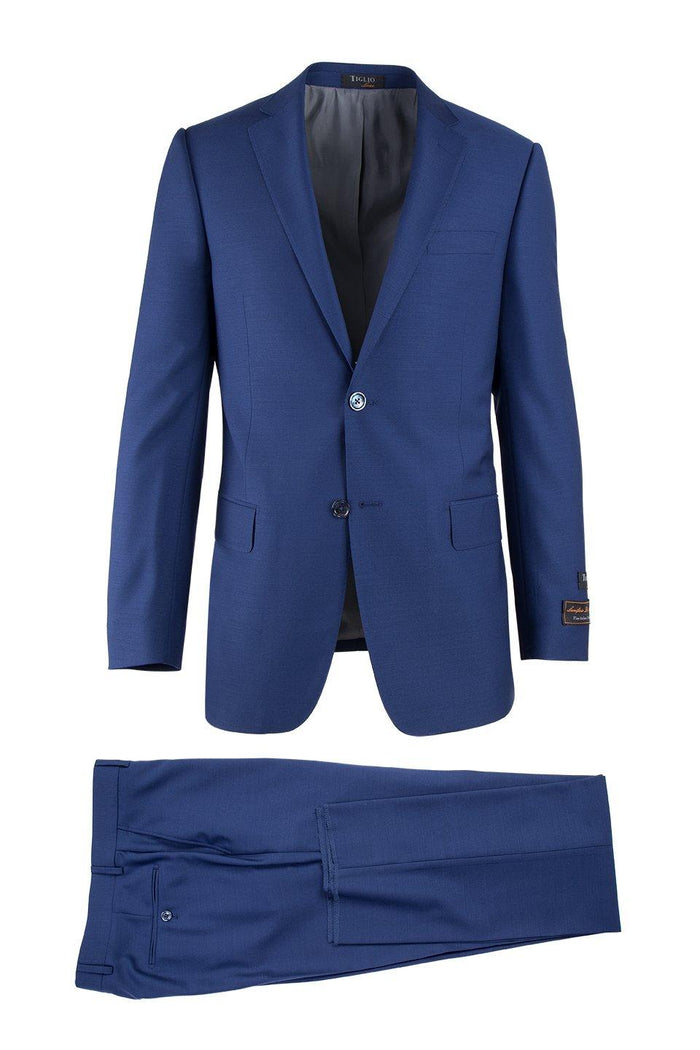Tiglio Italian Suit - Real Wool Fabric Super 150's Novello F.Blue, Modern Fit Suit in Color Blue Modern Fit