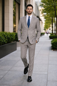 Tan ~ Beige Pinstripe 2 Button Suit  Side Vented Suit Regular Modern Fit Suits Flat Front Pants