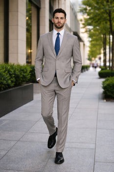 Tan ~ Beige Pinstripe 2 Button Suit Side Vented Suit Regular Modern Fit Suits Flat Front Pants