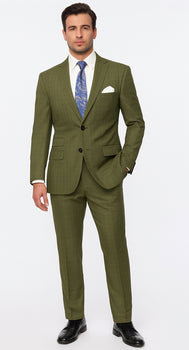 Catania Collection - Modern Fit Windowpane Suit 2 Piece in Olive