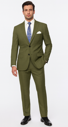 Catania Collection - Modern Fit Windowpane Suit 2 Piece in Olive
