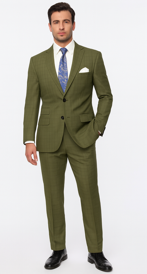 Catania Collection - Modern Fit Windowpane Suit 2 Piece in Olive