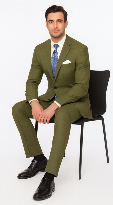 Catania Collection - Modern Fit Windowpane Suit 2 Piece in Olive