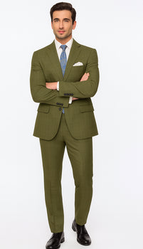 Catania Collection - Modern Fit Windowpane Suit 2 Piece in Olive - Image 4