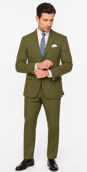 Catania Collection - Modern Fit Windowpane Suit 2 Piece in Olive - Image 5