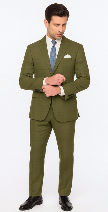 Catania Collection - Modern Fit Windowpane Suit 2 Piece in Olive