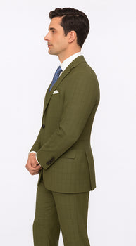 Catania Collection - Modern Fit Windowpane Suit 2 Piece in Olive - Image 6