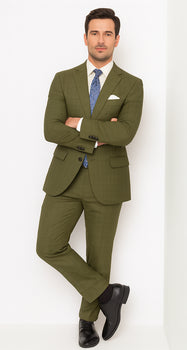 Catania Collection - Modern Fit Windowpane Suit 2 Piece in Olive - Image 8