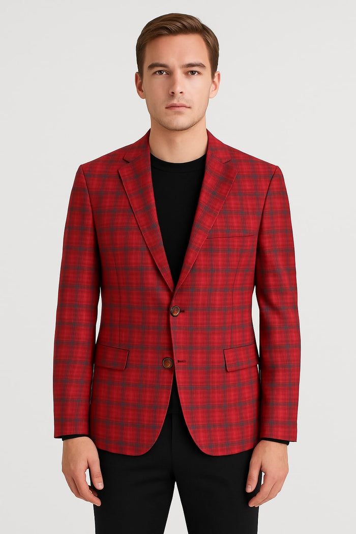Modern Red Plaid Blazer – Tartan Windowpane Pattern Christmas Party Color
