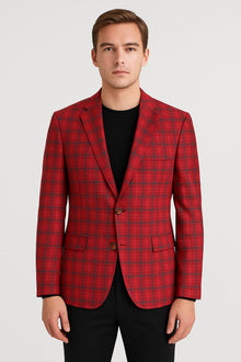 Modern Red Plaid Blazer – Tartan Windowpane Pattern Christmas Party Color