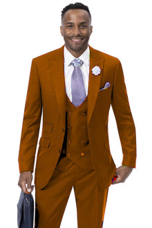 Modern Rust Vested Peak Lapel Suit with Double Breasted Vest by EJ Samuel