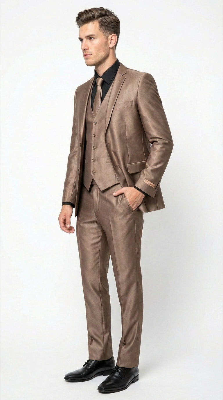 Men’s Bronze Brown Mocco 3 Piece Suit – Modern Formal Suit Set for Wedding, Prom and Business Events Light Brown Coffee Dark Tan Modern Fit