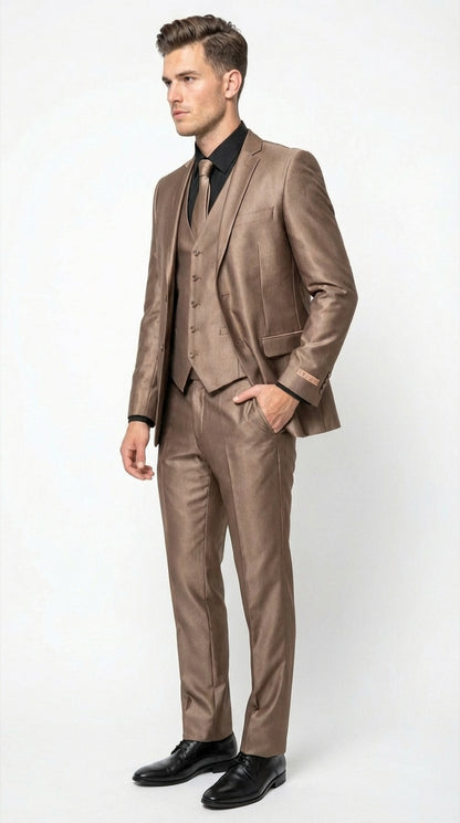Men’s Bronze Brown Mocco 3 Piece Suit – Modern Formal Suit Set for Wedding, Prom and Business Events Light Brown Coffee Dark Tan Modern Fit