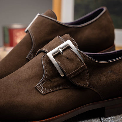 Zelli Hebilla Italian Suede Monk Strap Dress Shoe in Dark Brown