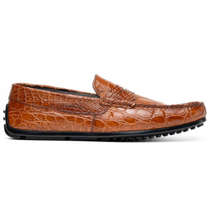 Zelli Monza Genuine Caiman Crocodile Driving Loafers in Cognac