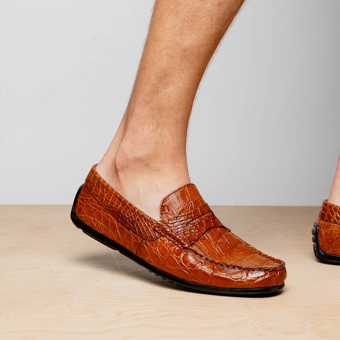 Zelli Monza Genuine Caiman Crocodile Driving Loafers in Cognac