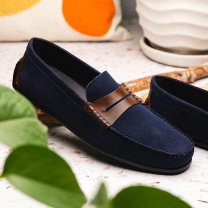 Zelli Monza Suede and Hand-Burnished Calfskin Driving Loafers in Navy