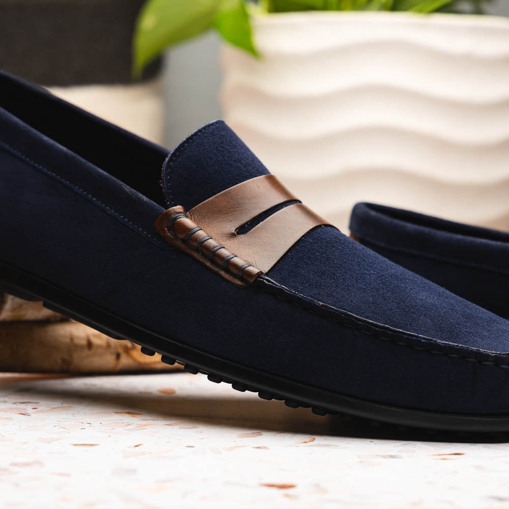 Zelli Monza Suede and Hand-Burnished Calfskin Driving Loafers in Navy