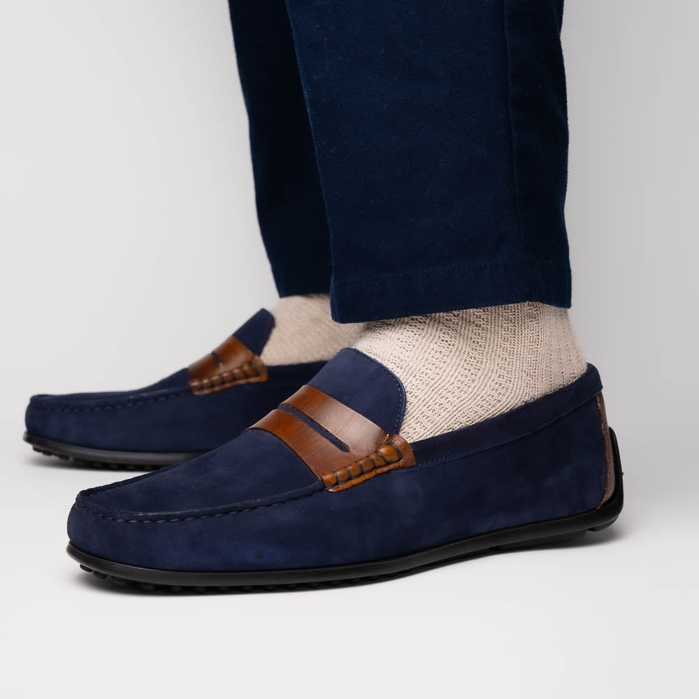 Zelli Monza Suede and Hand-Burnished Calfskin Driving Loafers in Navy
