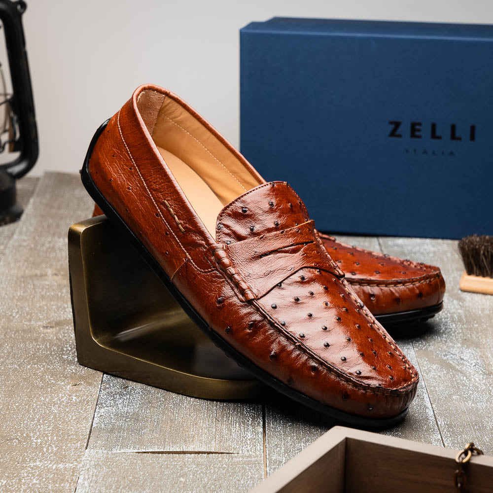 Zelli Monza Genuine Ostrich Quill Driving Loafers in Brandy