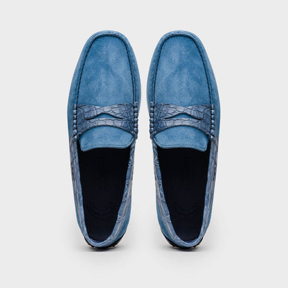 Zelli Monza Suede & Caiman Crocodile Driving Shoes in Denim